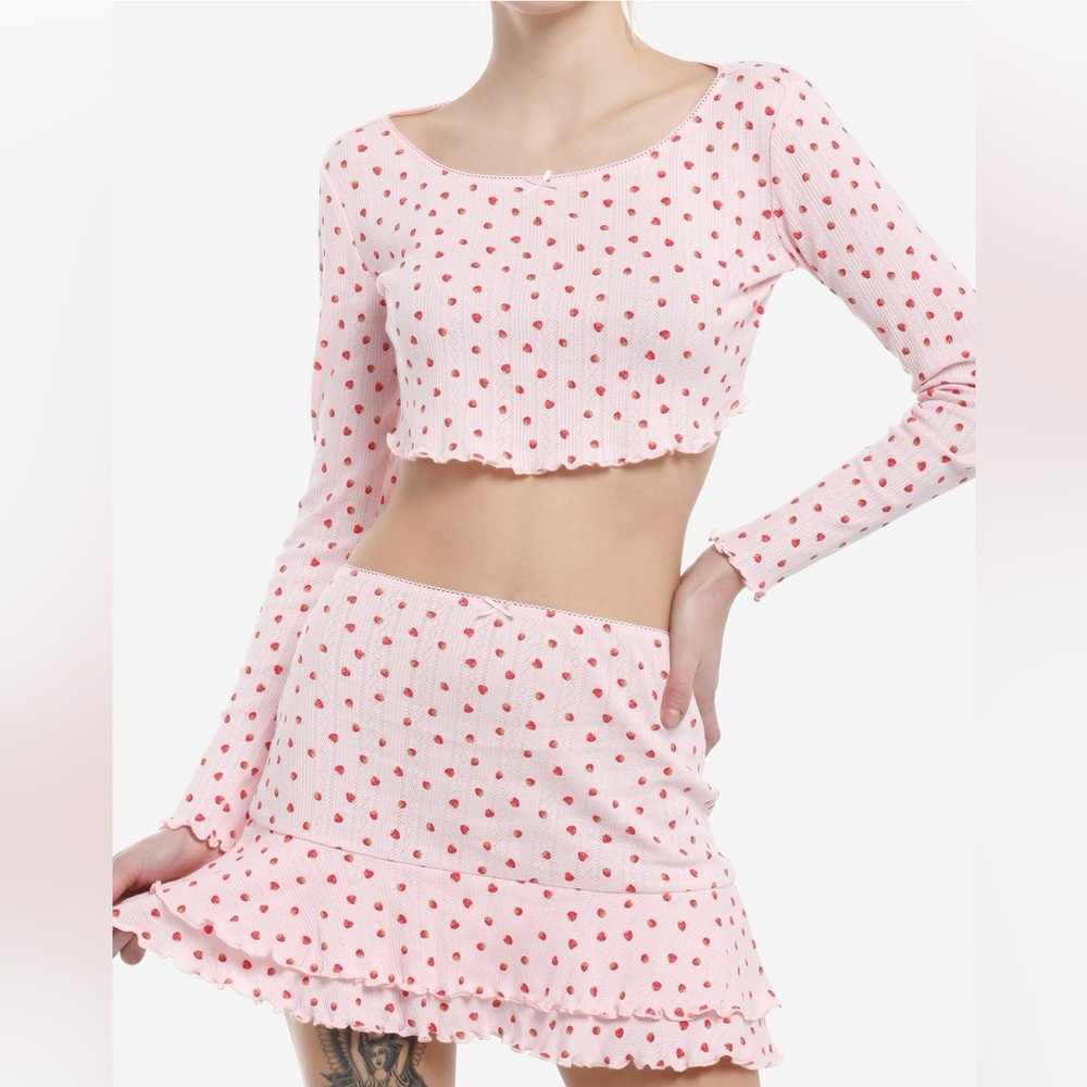 Sweet Society Pink Strawberry Print Girls Crop Long-Sleeve Top & Skirt Set